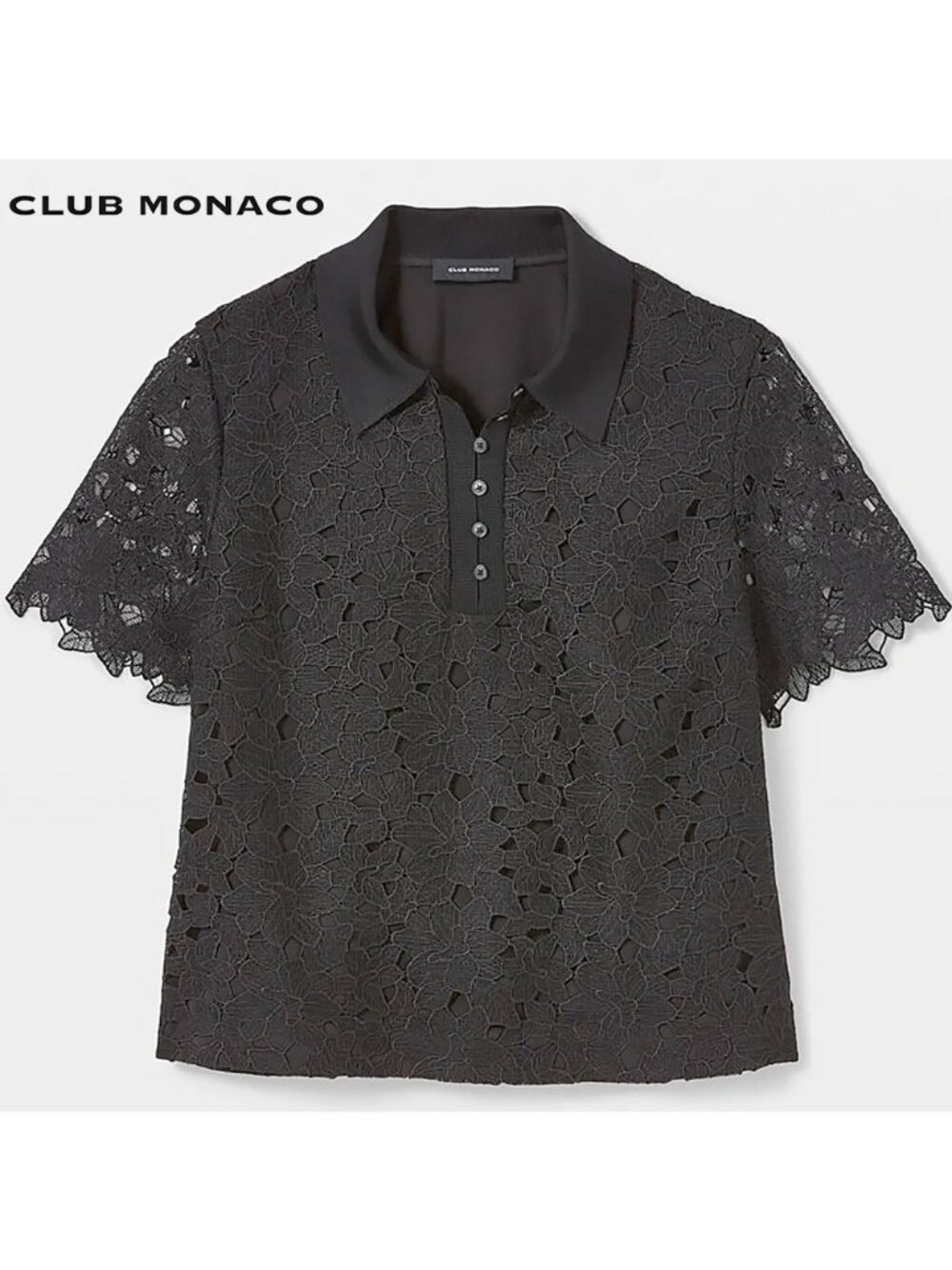 Club Monaco Black Floral Lace Polo Shirt Blouse, small